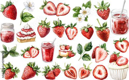 Watercolor Illustration of Strawberries, Strawberry Blossoms, Jam, and Desserts in a Botanical Style