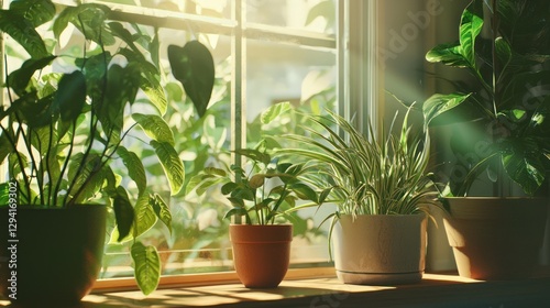 A sunlit windowsill with various potted plants soaking up the natural light photo