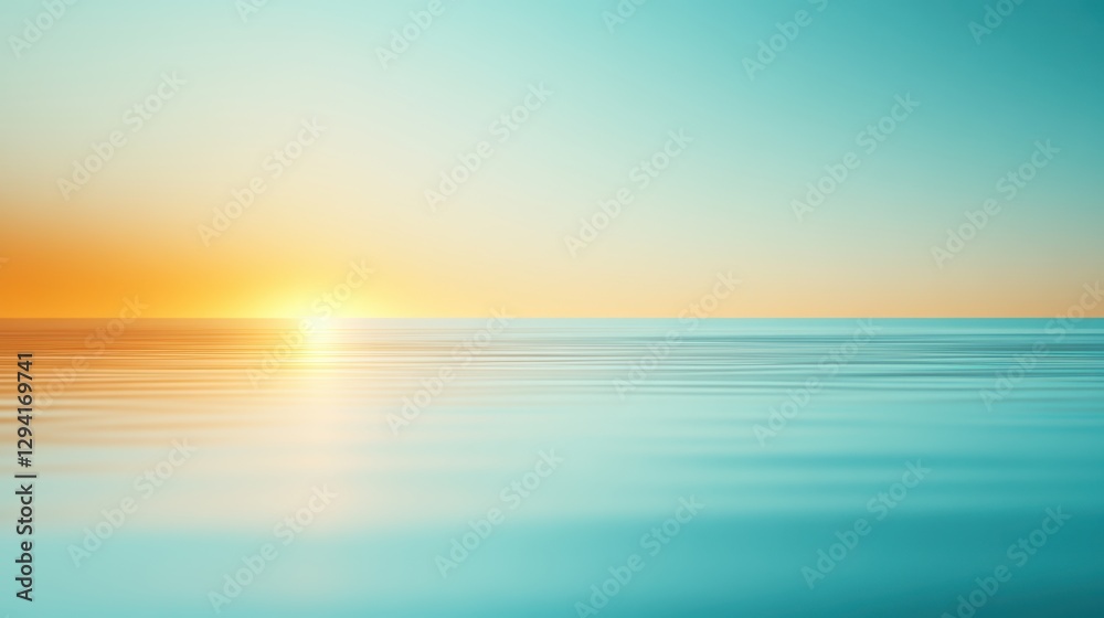 Obraz premium A serene seascape at sunrise, showcasing tranquil waters and a colorful sky reflecting soft hues of orange and blue, Ideal for calming visuals, relaxation themes, and nature-inspired projects,