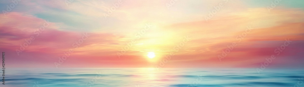 Obraz premium A serene sunrise over a calm ocean, with soft pastel colors blending in the sky, This image can be used for themes of tranquility, nature, and inspiration in marketing materials, blog posts