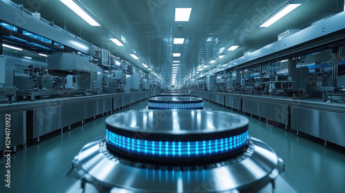 Antimicrobial factory surfaces with self-cleaning nanotechnology, robotic systems scanning for contaminants, cutting-edge sterile industrial design
