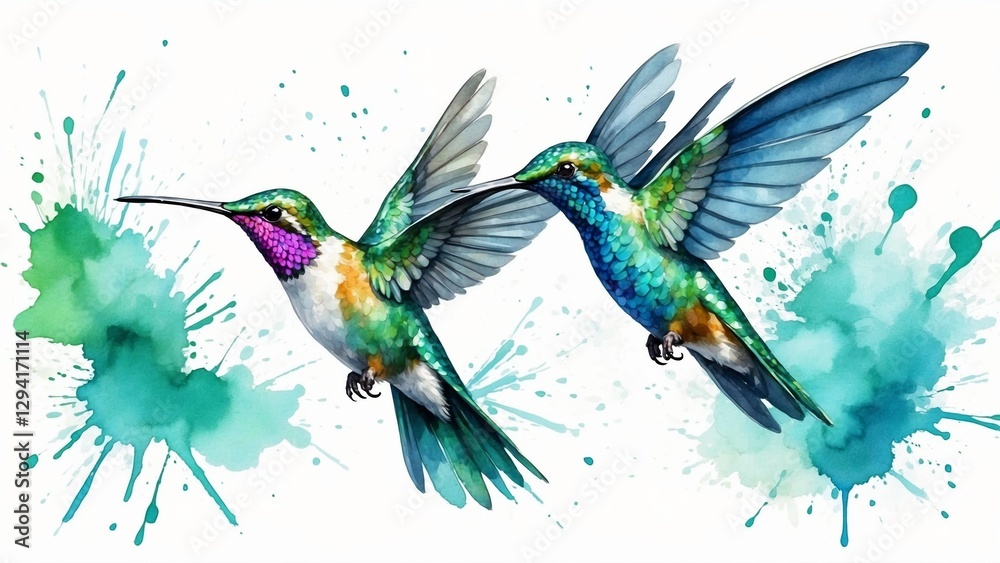 Fototapeta premium Two colorful hummingbirds in flight with splashes of watercolor background, lively and vibrant scene