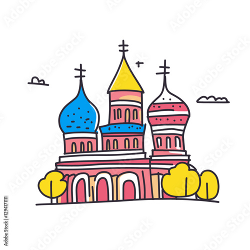 Saint Basil's Cathedral illustration in an doodle inca cartoon style. Simple minimalist drawing of Cathedral of Vasily the Blessed