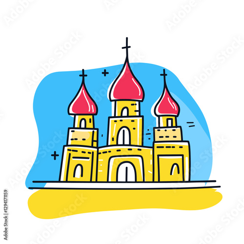 Saint Basil's Cathedral illustration in an doodle inca cartoon style. Simple minimalist drawing of Cathedral of Vasily the Blessed