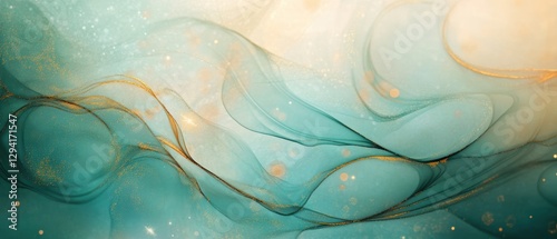 Abstract background with soft flowing waves in teal and gold colors, creating a calming atmosphere for design projects, websites, and digital art.
