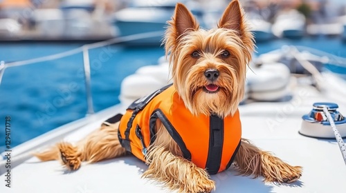 Yacht dog life vest summer harbor travel