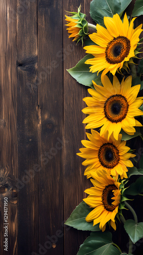 A dark wooden background with sunflowers on the left side
