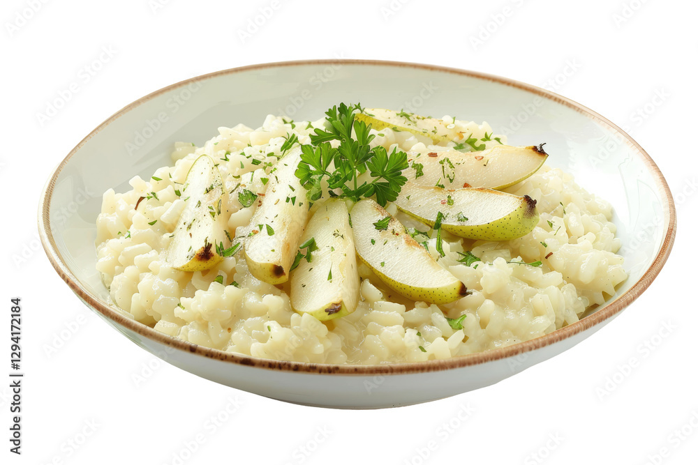 Pear Risotto. Creamy Rice Dish Garnished With Fresh Parsley And Slices Of Pear. Tasty Food Photography.. Pear Risotto. Creamy Rice Dish Garnished With Fresh Parsley And Slices Of Pear. Tasty Food Photography..