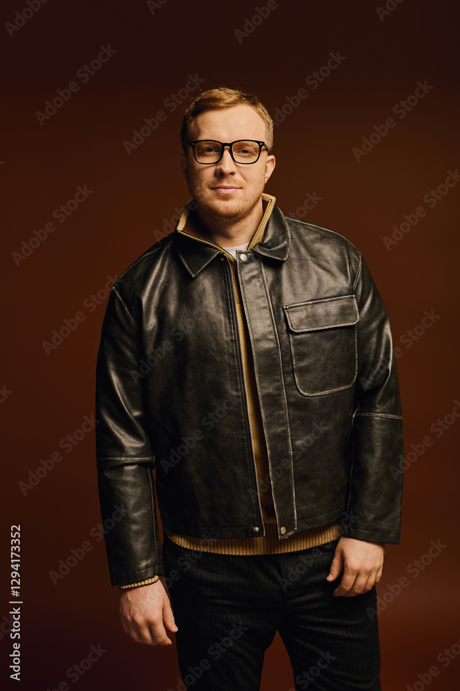 Obraz premium Handsome man showcasing casual style in a modern studio setting