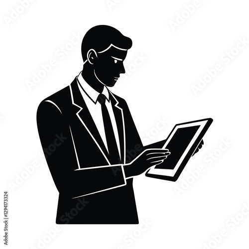 Innovative professional silhouette actively using touchscreen device for interactive office solutions