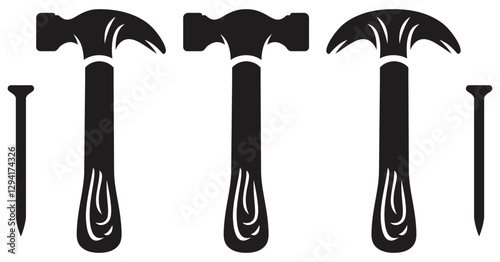 Variety of Hammers and Nails Silhouette. Isolated On Transparent Background.