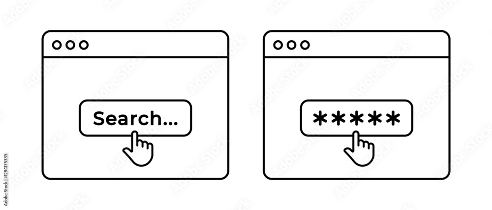 Website browser icon vector set. Search button with pointer clicking symbol Website browser icon vector set. Search button with pointer clicking symbol