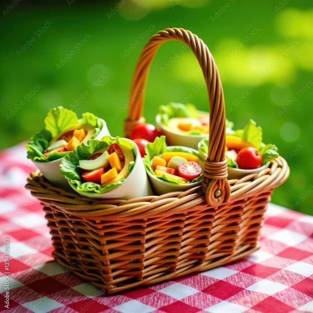 A wicker picnic basket filled with colorful veggie wraps & fruit , wicker, outdoor, sunshine A wicker picnic basket filled with colorful veggie wraps & fruit , wicker, outdoor, sunshine