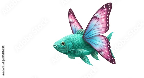 A surreal fish with butterfly wings instead of fins, hovering on a white backdrop.