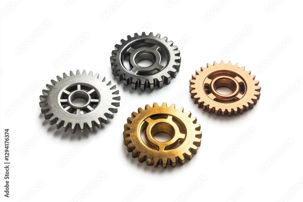 Four metallic gears in silver and gold, isolated on white background, symbolizing teamwork and mechanics. Four metallic gears in silver and gold, isolated on white background, symbolizing teamwork and mechanics.