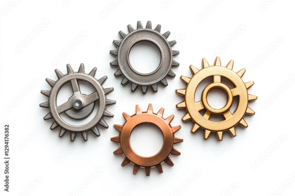 Four metallic gears of different colors interlock, symbolizing teamwork and collaboration. Four metallic gears of different colors interlock, symbolizing teamwork and collaboration.