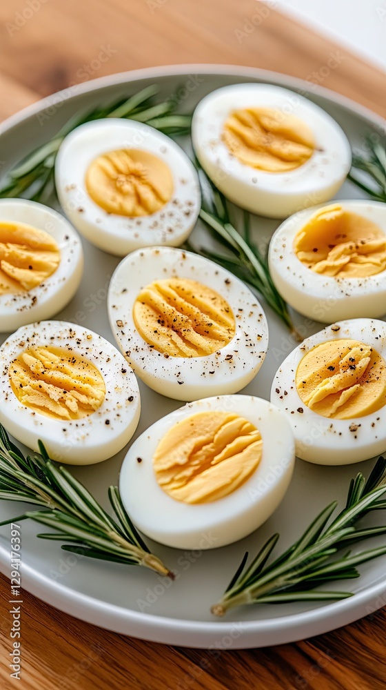 Perfectly cooked and seasoned boiled eggs arranged on a plate with fresh rosemary for a delightful snack or appetizer Perfectly cooked and seasoned boiled eggs arranged on a plate with fresh rosemary for a delightful snack or appetizer