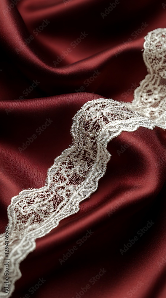 Obraz premium Burgundy Silk Fabric Draped With Delicate Lace Trim Detail