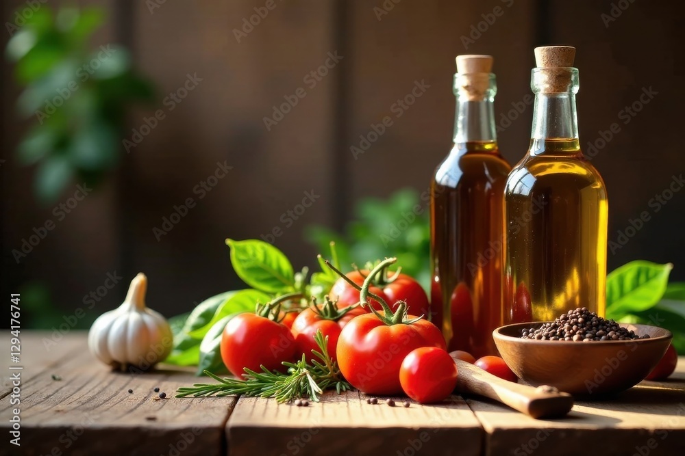 Rustic Still Life Featuring Fresh Tomatoes, Herbs, and Oil Bottles on Wooden Table Rustic Still Life Featuring Fresh Tomatoes, Herbs, and Oil Bottles on Wooden Table