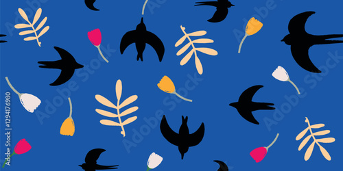 Hand drawn mixed ornament seamless pattern with birds and flowers. Abstract trendy

