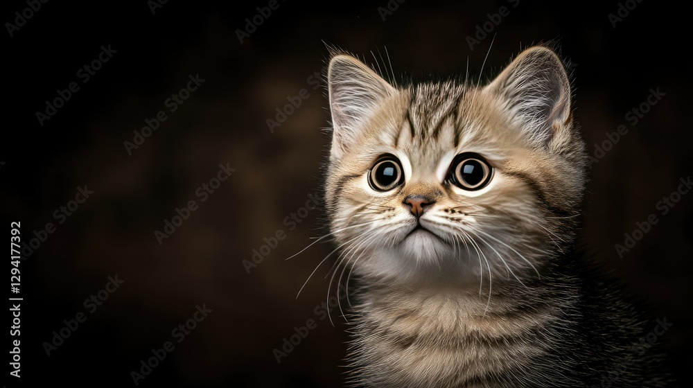 Cute kitten with large expressive eyes gazes curiously against a dark background in a cozy indoor setting Cute kitten with large expressive eyes gazes curiously against a dark background in a cozy indoor setting