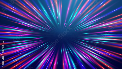 Warp drive high speed. Neon light warp tunnel speed of light background.