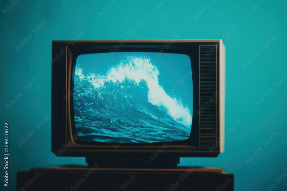 Fototapeta premium Retro TV Displaying Ocean Waves Nostalgia Meets Modern Aesthetics