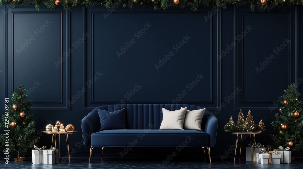Obraz premium Elegant Christmas Living Room Decor with Dark Blue Walls, Festive Christmas Trees, Plush Sofa, and Gold and White Gifts for Holiday Season Atmosphere