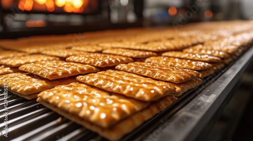 Kosher-certified snack production, matzo crackers moving through baking ovens, strict ingredient monitoring, automated robotic packaging ensuring compliance