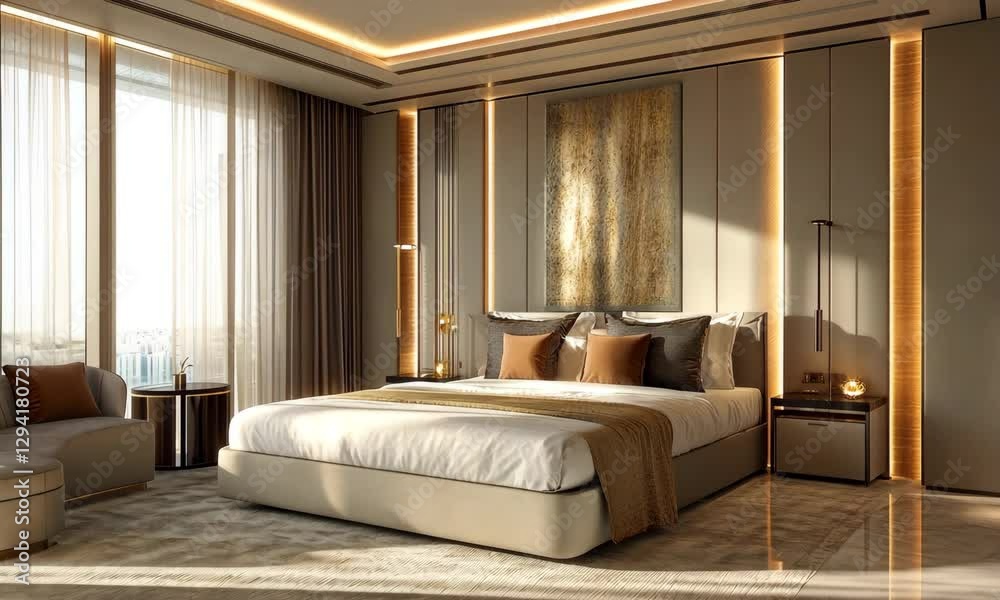 A modern, elegantly designed bedroom featuring a large bed, stylish decor, and ample natural light, creating a serene and inviting atmosphere. A modern, elegantly designed bedroom featuring a large bed, stylish decor, and ample natural light, creating a serene and inviting atmosphere.