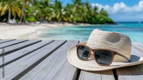 Sunhat and sunglasses resting on a wooden table by the beach with clear blue water and palm trees in the background on a sunny day