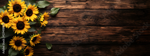 A dark wooden background with sunflowers on the left side
