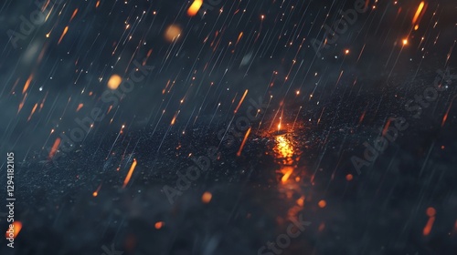 Dramatic Scene of Rain with Glowing Sparks and Reflection in Dark Background for Atmospheric Visuals and Textures
