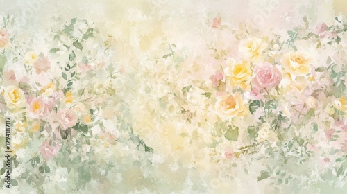 A painting of a field of flowers with a yellow background