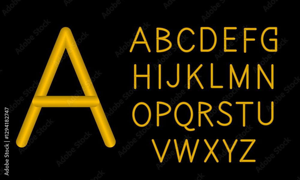 Obraz premium The letters are made of yellow metal. An iron font in the form of a golden wire. A set of letters, English font, for free use. Vector image