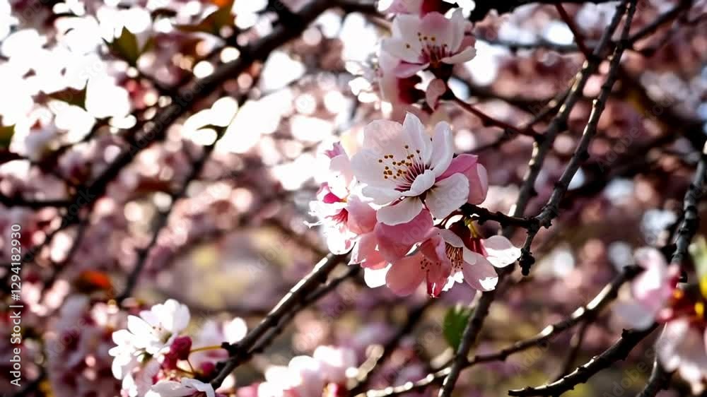Blossoming cherry tree under spring sunlight with gentle branch movement Blossoming cherry tree under spring sunlight with gentle branch movement