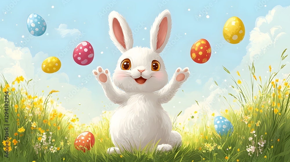 Fototapeta premium Cartoon-style Easter bunny juggling colorful eggs, fun and playful vector illustration
