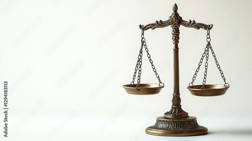 Ornate bronze scales of justice on a white background