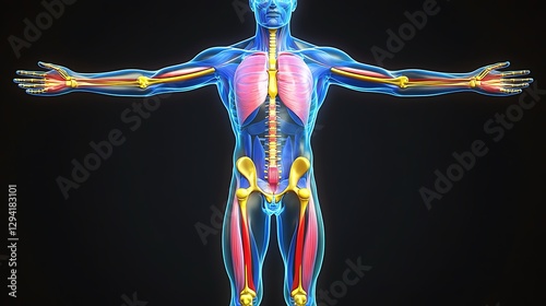 Human anatomy, muscles, bones, digital render