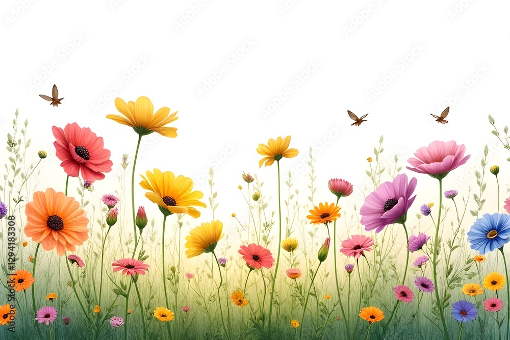 Fototapeta premium Vibrant Floral Field with Butterflies - Beautiful Flowers and Plants Image