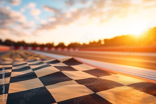 Close-up of a checkered racing flag at sunset signaling the thrill of competition. photo