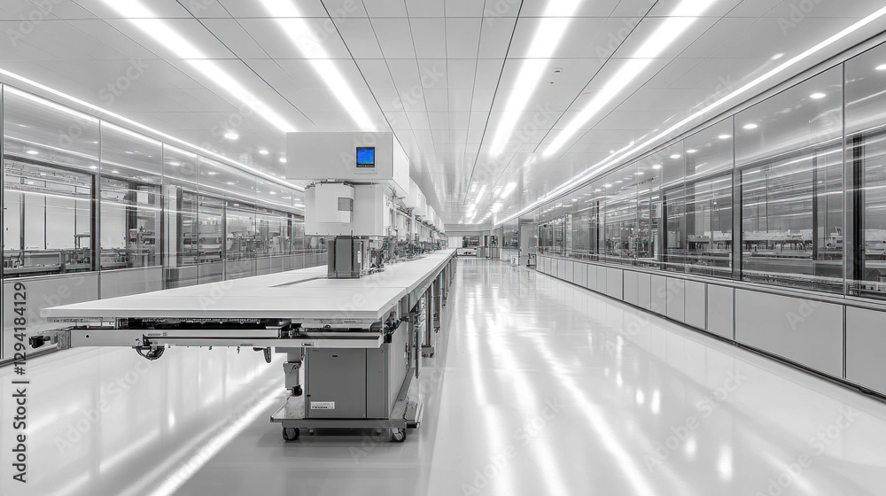 Obraz premium Smart clean factory with fully automated robotic assembly lines, pristine white floors, air purification technology, and digital dashboards displaying real-time cleanliness data
