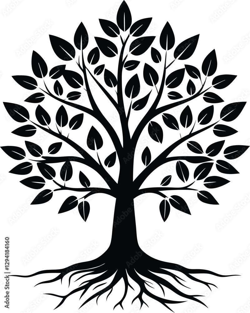 Beautiful tree with roots, white background vector art illustration Beautiful tree with roots, white background vector art illustration