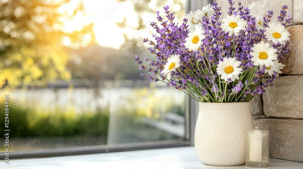 Fototapeta premium A beautiful arrangement of daisies and lavender is displayed in a vase, placed on a windowsill where natural light pours in