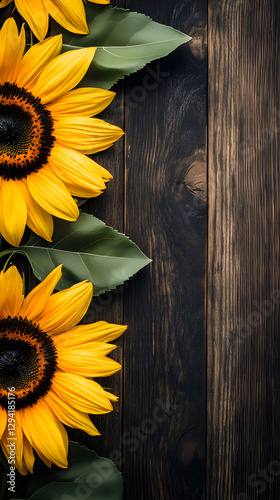 A dark wooden background with sunflowers on the left side
