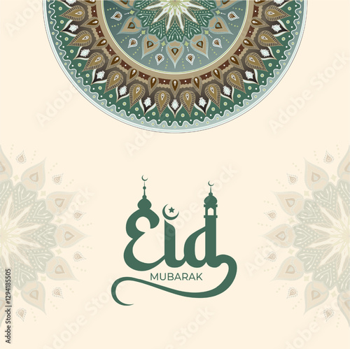 Eid Mubarak Logo with Beautiful Arabic Background, Dome and Minarate