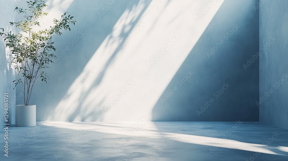 A large interior space displaying a tall plant with sunlight and shadows A large interior space displaying a tall plant with sunlight and shadows