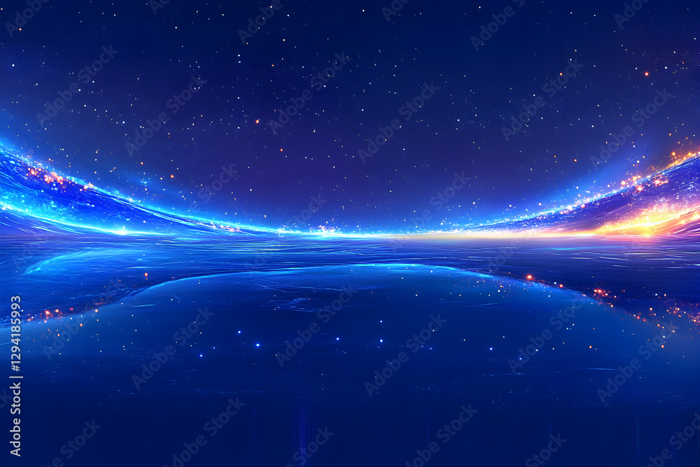 Obraz premium Abstract cosmic landscape with glowing blue and orange lights, reflecting on a dark blue water surface. Ideal for futuristic, technology, or fantasy themes.