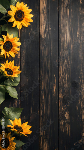 A dark wooden background with sunflowers on the left side
