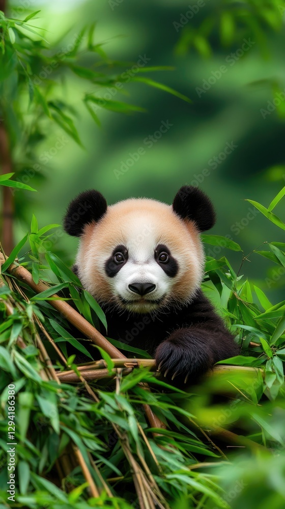 Fototapeta premium A charming panda is peacefully resting amidst the vibrant green bamboo foliage on a beautiful sunny day in its natural habitat